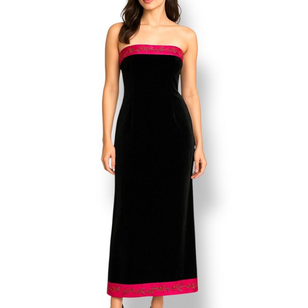 Vintage Dark Romance Velvet Strapless Maxi Dress Black Pink Rose Trim Romantic